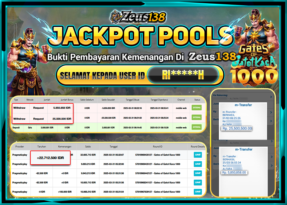 ZEUS138 JACKPOT GATES OF GATOTKACA 1000 Rp.31.351.358,-